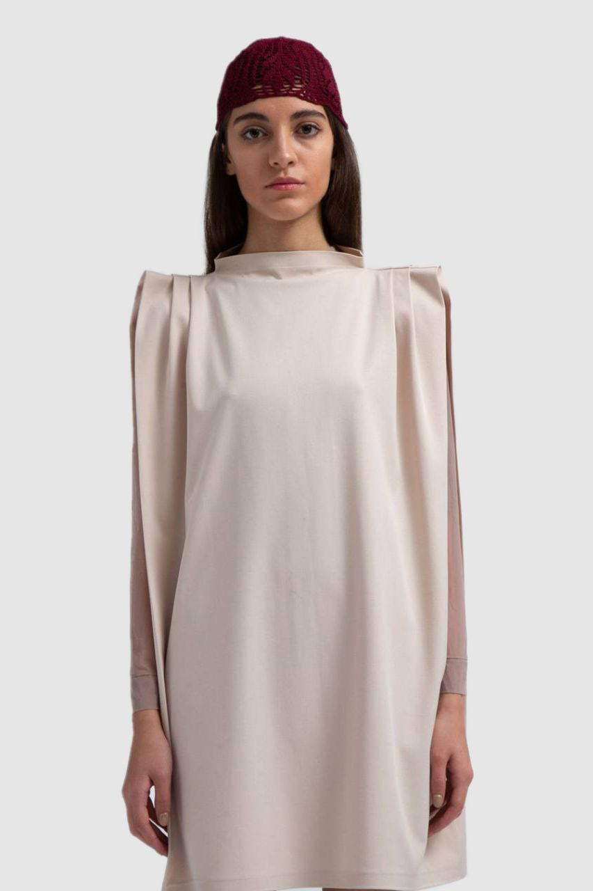 Beige Pleated Shoulder Dress