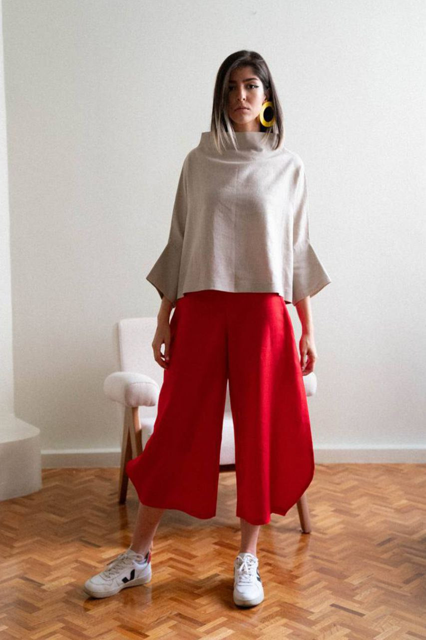 Beige Square Linen Blouse