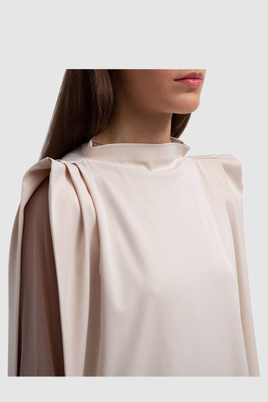 Beige Pleated Shoulder Dress